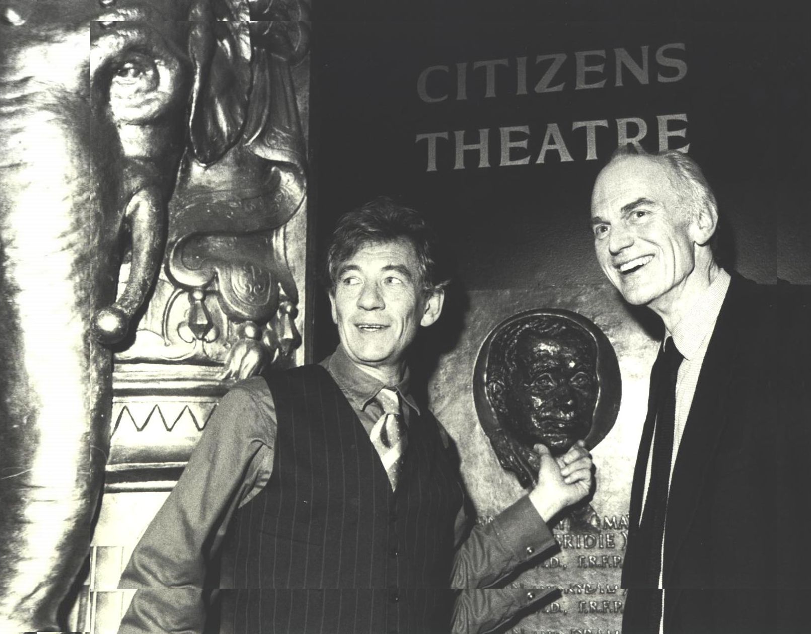 Sir Ian McKellen and Giles Havergal in front of Citizens' Theatre sign (STA GHC 1/8)